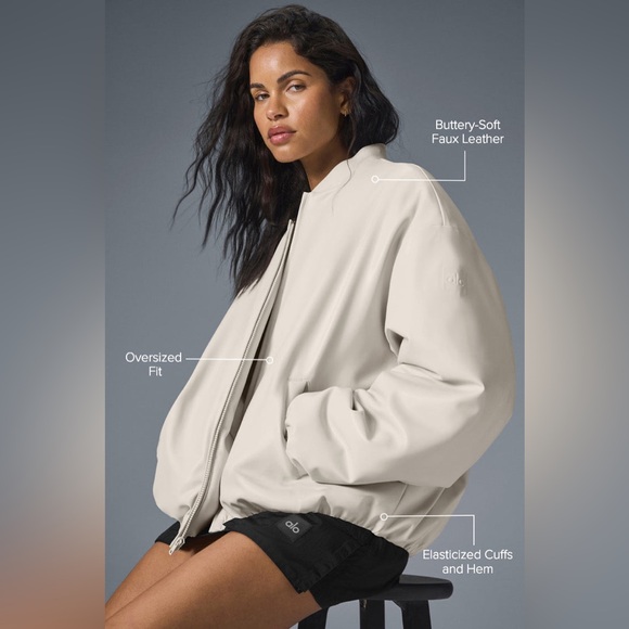 ALO Yoga Faux Leather Off-White Premier Bomber Jacket S *LNWOT* - Picture 3 of 11